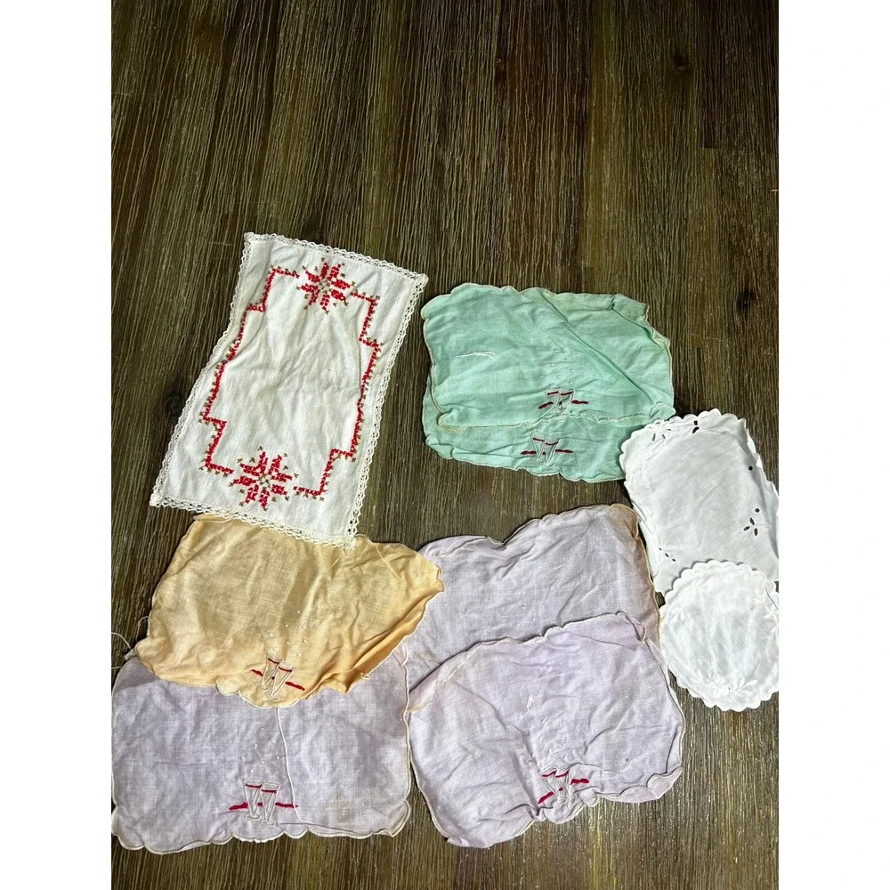 Vintage Linens Assorted Lot Cross Stitch Lace Cocktail Napkins Pastel 10pc
